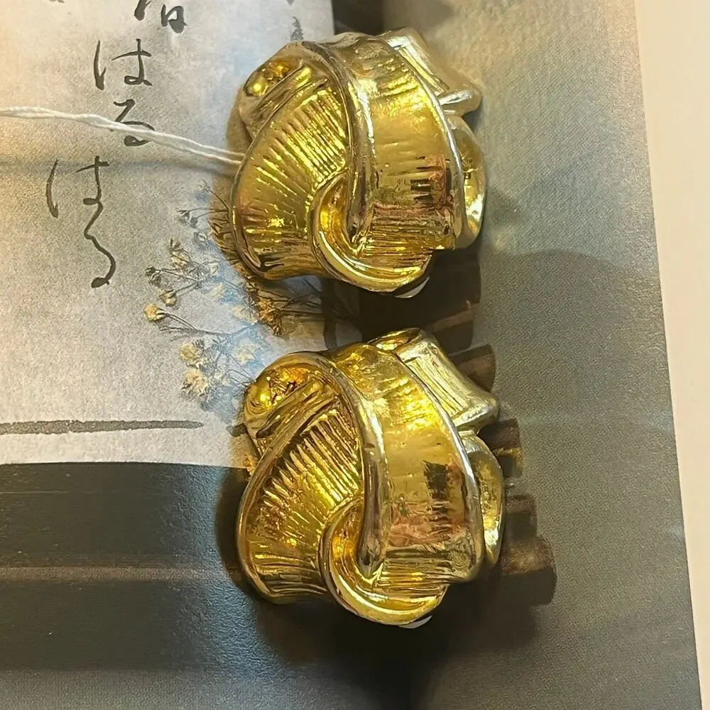 Vintage 1980s Runway Oversized Large Heavy Classic Gold Woven Clip Earrings